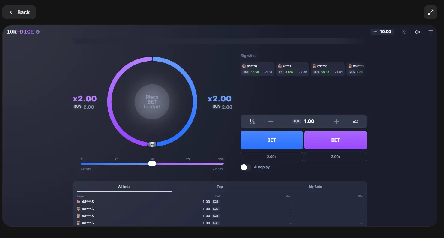 Main game interface for the online 10k Dice game