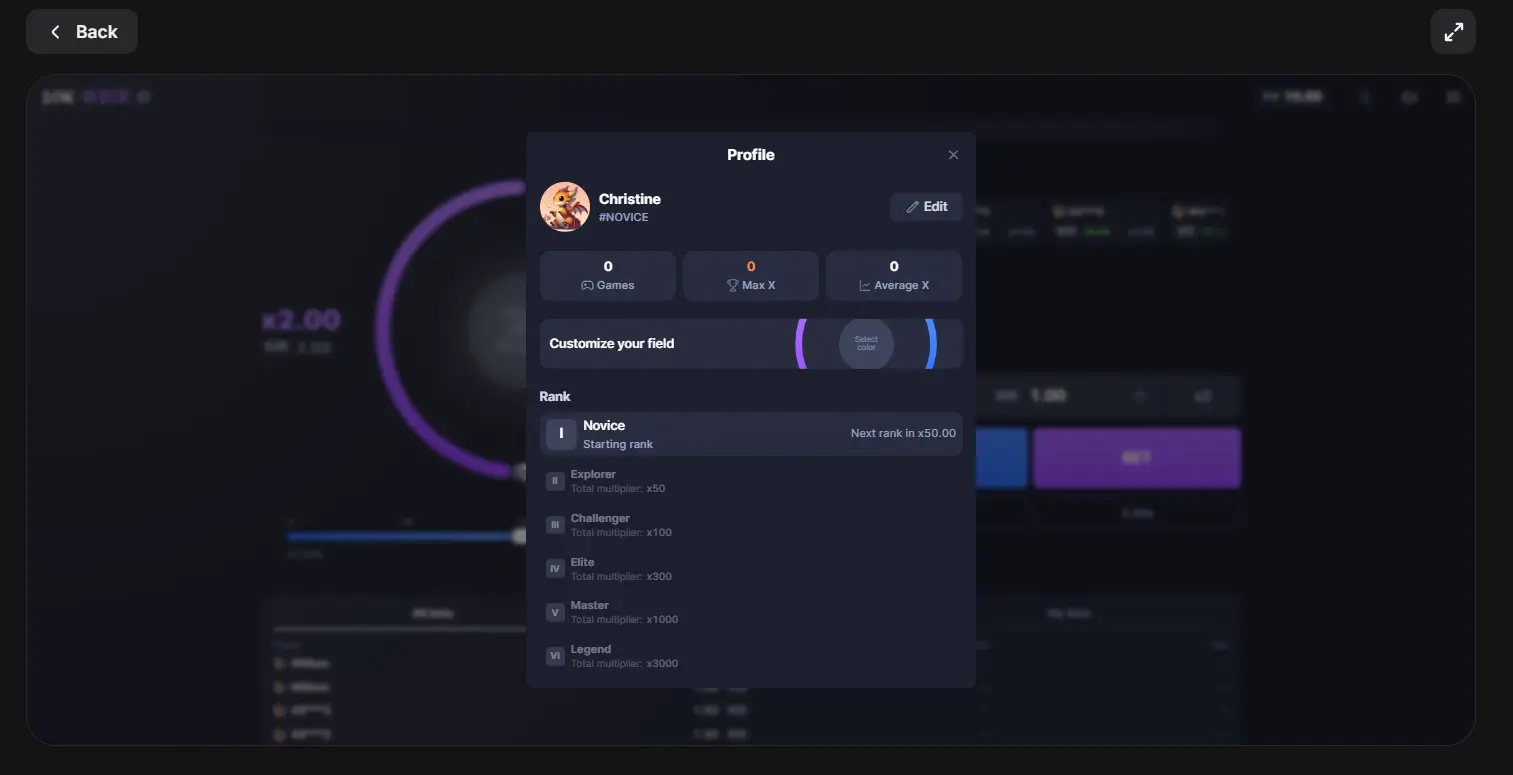 Player profile and ranks in the 10k Dice game