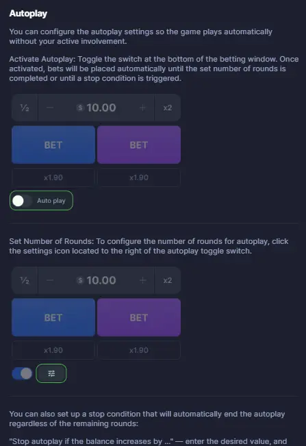 Autoplay features and settings for the 10k Dice game