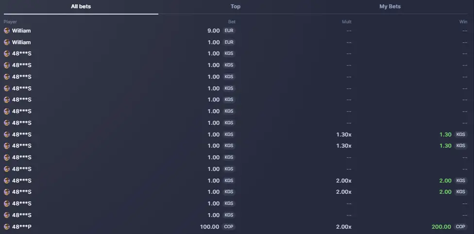 Live bet table showing recent player activity in the 10k Dice game