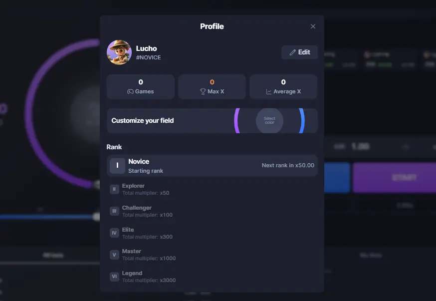 Player profile and customization options in the 10k Dice game