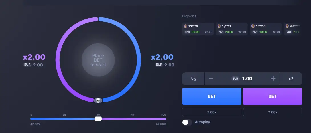 The main betting interface of the 10k Dice game